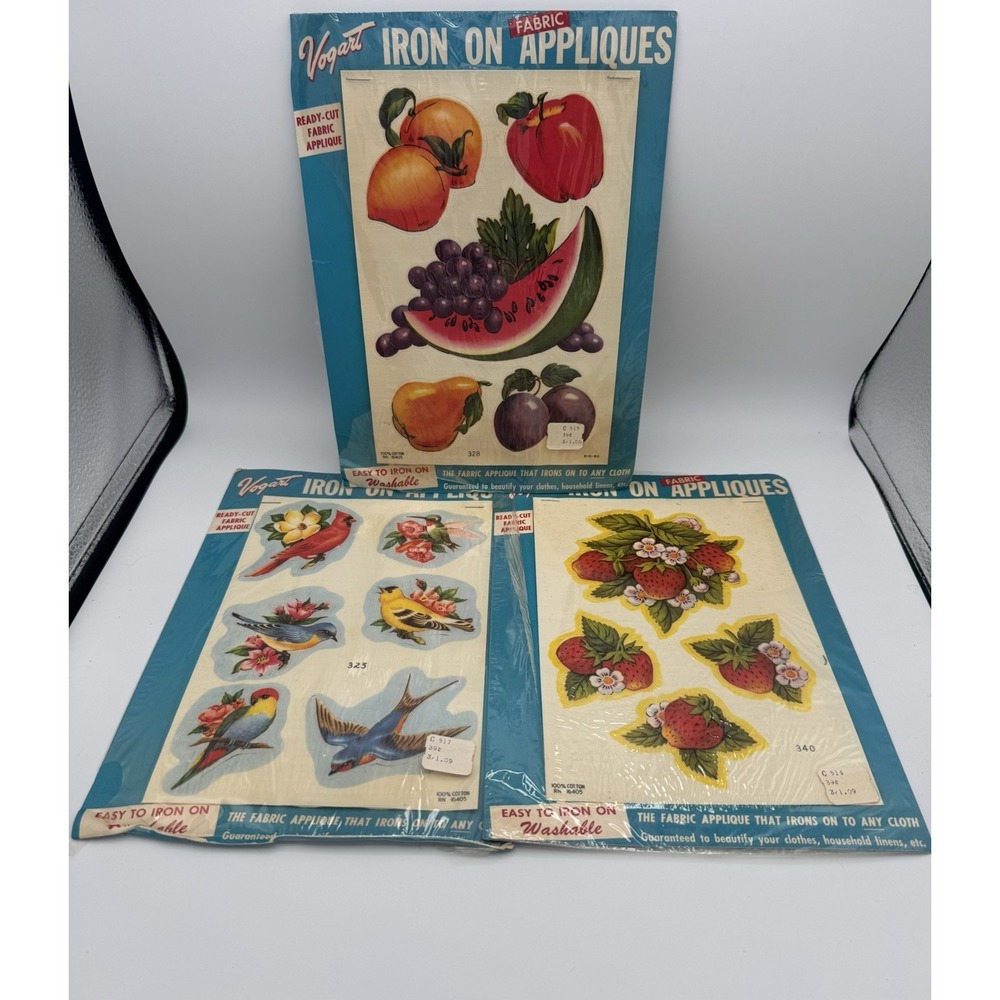 Vintage VOGART IRON FABRIC APPLIQUES Birds, Fruits 325, 328, 340 From 1953- Lot